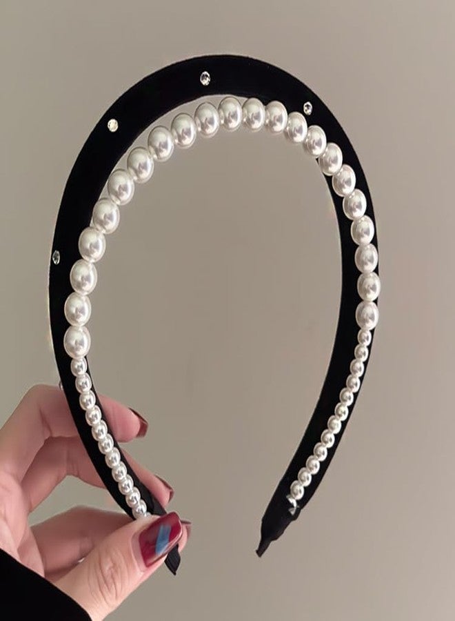 TUCEWP Black Headbands for Women Girls Double Layer Pearl Velvet Headbands Non Slip Soft Thick Padded Headband Sparkly Fall Turban Headband No Teeth Head Bands Hoops Headwear Styling Tools Accessories - Image 1